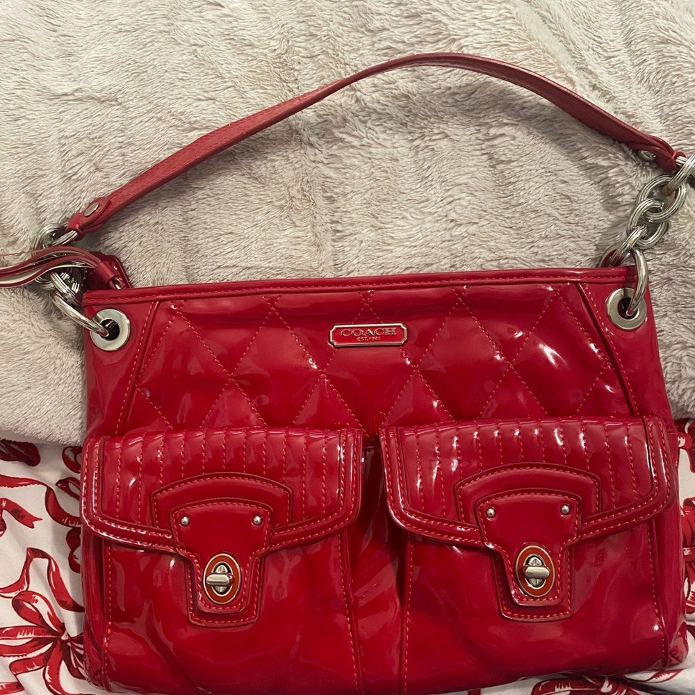 Coach Red Patent Leather Quilted Shoulder Bag with Dual Front Pockets